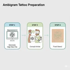 4-step infographic for ambigram tattoo preparation: generate file, print & tape, consult artist, apply stencil